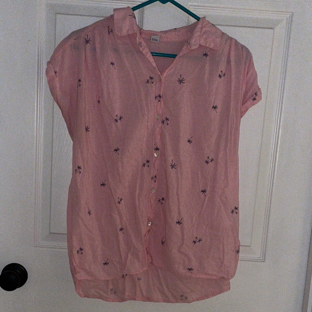 Old Navy Pink Button-Up Blouse with Navy Palm Tree Pattern Size Medium